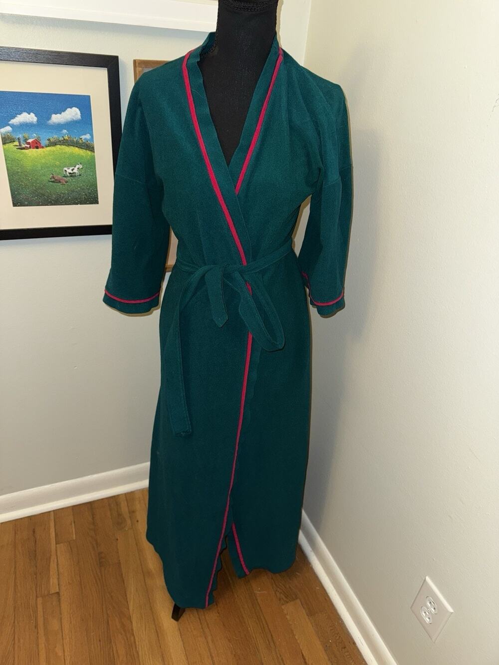 Vintage Kayser Emerald Green Robe Medium Pink Piping Trim Belted Long Housecoat